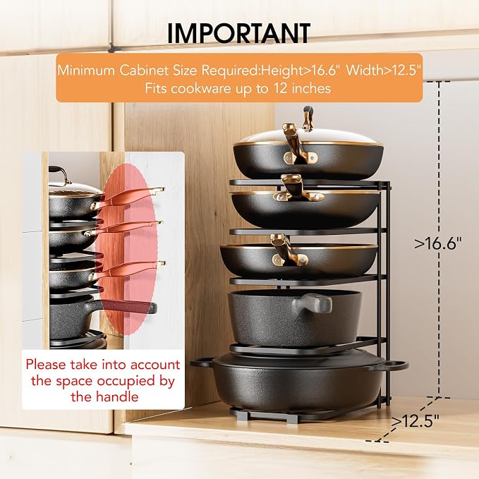 5-Tier Pot and Pan Organizer 13.6", No Assembly Cookware Rack 1-Pack | One-piece Design, Multi-height Layered,Anti-Tip Structure, Dual Vertical & Horizontal Use, Fits Cast Iron Pans & Dutch Ovens - Image 2