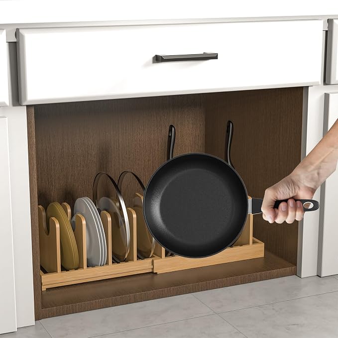 Pots and Pans Organizer under Cabinet,Pot and Pan Organizer,Lid Organizer | Expandable Bamboo Pan and Lid Organizer, 16" to 28" Adjustable Length and 10 Dividers - Image 4