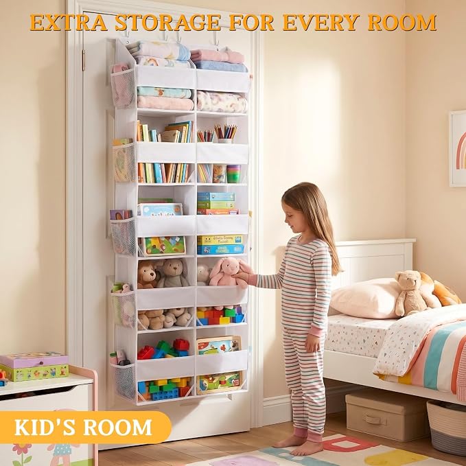 Over The Door Organizer 5 Tiers, Extra Large Behind Door Storage of 10 Compartments, 80 lbs Weight Capacity Hanging Storage Organizer with Clear Window Kids Toys, Shoes,Diapers, Room Storage, White - Image 5