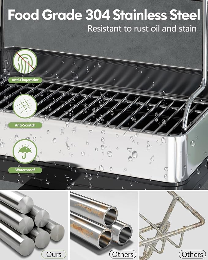 2 Tier Large Stainless Steel Dish Drying Rack with Drain Board | Space Saving, Rust Proof Metal, Automatic Drainage Drainer for Kitchen Counter, Modern Black and Silver for Pots and Pans - Image 3