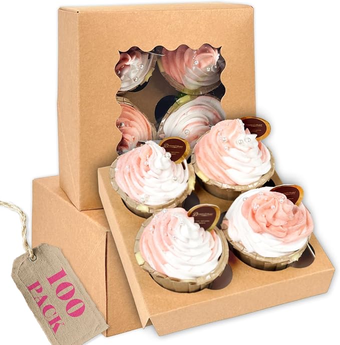 qiqee Auto-pop Up Cupcake Boxes with Window Brown 100PCS 4 Count Cupcake Box 6.3"x6.3"x3" Cupcakes Carrier, 4 Cupcake Containers by Qiqee