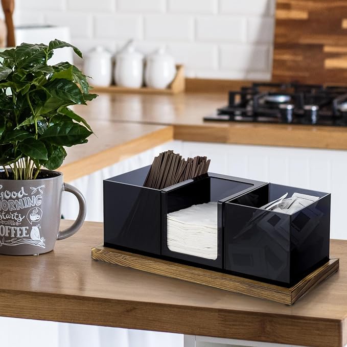 MyGift Coffee Organizer, Modern Acrylic Coffee and Tea Organizer with 3 Removable Premium Translucent Black Acrylic Compartments and Rustic Burnt Solid Wood Decorative Tray, 4 Piece Set - Image 4