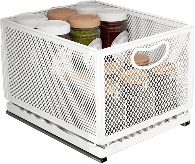 Sliding Cabinet Basket Organizer Drawer Self Adhesive Slide out Pantry Shelves Heavy Duty Carbon Steel Slide Cabinet Storage Basket with Handle for Bathroom Kitchen Home by ULIKEUS