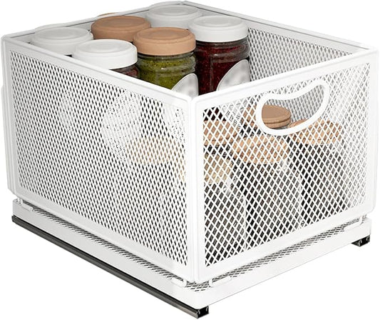 Sliding Cabinet Basket Organizer Drawer Self Adhesive Slide out Pantry Shelves Heavy Duty Carbon Steel Slide Cabinet Storage Basket with Handle for Bathroom Kitchen Home by ULIKEUS