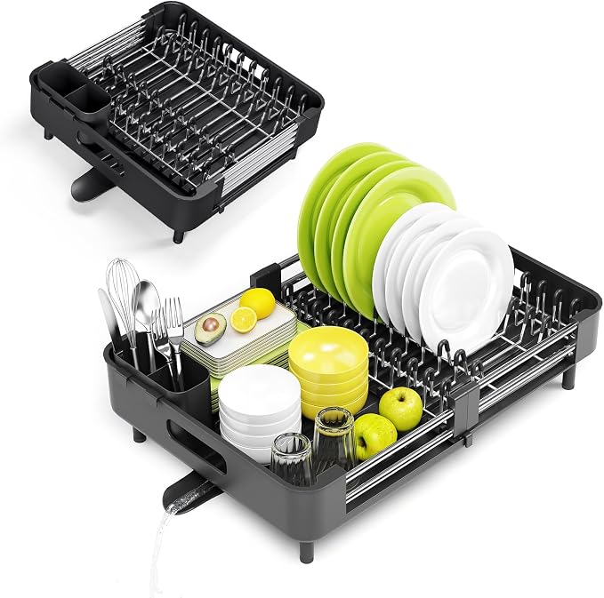 Urackify Extendable Stainless Dish Drying Rack for Kitchen Counter, Black | 13.78"W x 18.7"L, Foldable Drainboard for Space Saving, Knife and Utensil Holder, Fast-draining Spout - Image 5