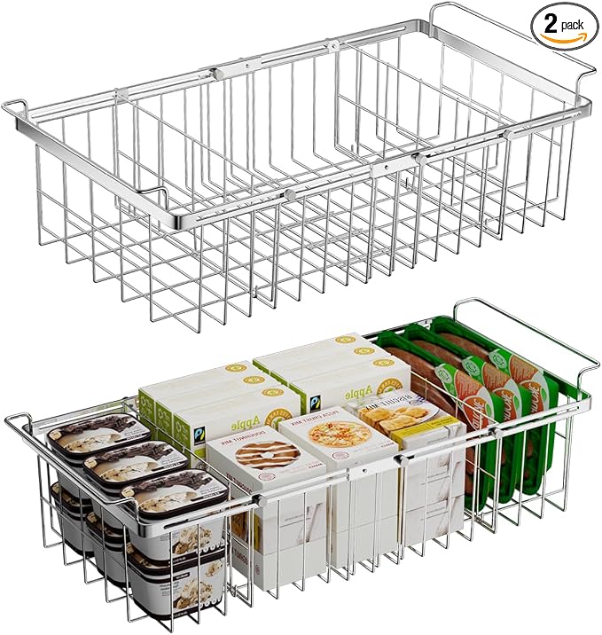 Large Deep Freezer Organizer Bins Expandable 15.5"~24.5" with Dividers | Real Capacity Adjustable Freezer Baskets for Chest Freezer Hanging Storage Container for Bottom Freezer Sort Frozen Meats by Homics