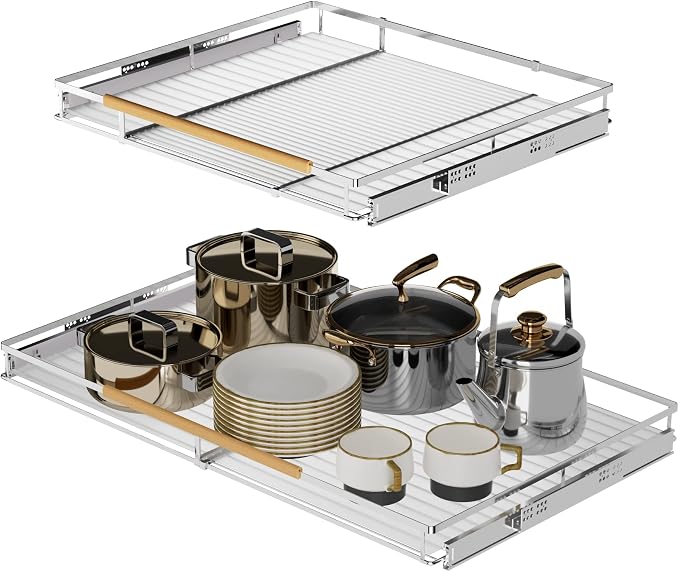 SANNO Pull Out Cabinet Organizer, Pantry Drawer Slide Out Basket Expandable Sliding Shelf Under Sink Shelf, Steel Metal cabinet drawers slide out, Chrome Finish, 23.1 to 39.9" W - Image 3