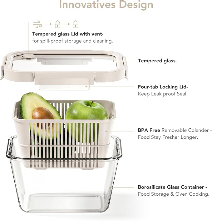 Glass Fruit Storage Containers for Fridge, 2 Pack Produce Containers with Removable Colanders & Vent Glass Lids, Airtight Fruit & Vegetable Storage, BPA Free Borosilicate Glass - Image 5