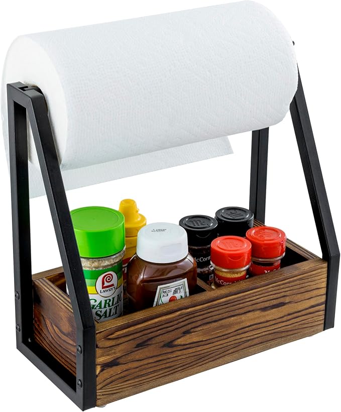 MyGift Kitchen Paper Towel Holder, Industrial Matte Black Metal and Solid Wood with Condiment Bottle and Spice Jar Storage Tray by MyGiftHome