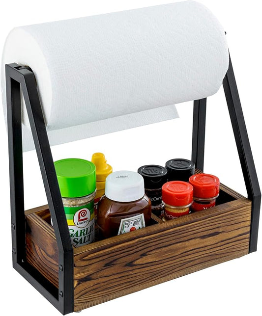 MyGift Kitchen Paper Towel Holder, Industrial Matte Black Metal and Solid Wood with Condiment Bottle and Spice Jar Storage Tray by MyGiftHome