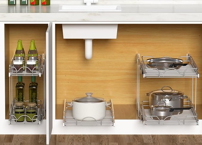 OCG Pull Out Cabinet Organizer 2 Pack (18" W x 21" D), Pull out Shelves 1 Tier, Cabinet Slide Out Shelves for Base Cabinet Organization in Kitchen Bathroom Pantry, Bottom Mount, Chrome Finish - Image 4