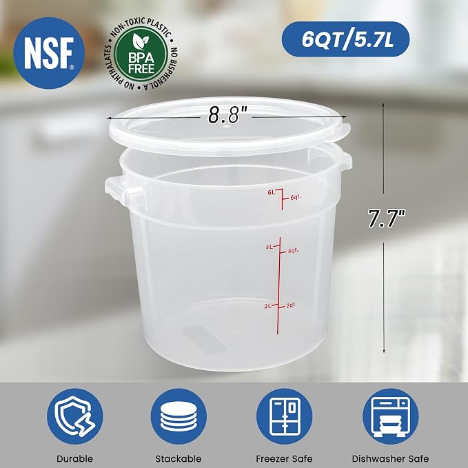 4 Pack 6QT Round Food Storage Containers with Lids | NSF, BPA-free PP containers with scale, label and measuring cup, stackable for prep, storage, freezer. Dishwasher safe - Image 2