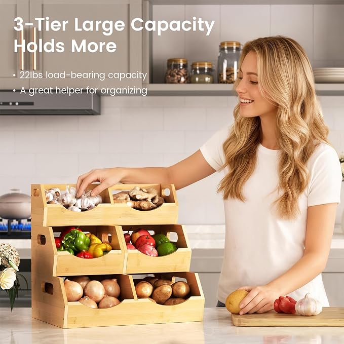 Onion Storage Bins Potato, 3 Tier Bamboo Pantry Storage Bin Stackable Ventilated Kitchen Organizer for Pantry, Countertop, Bathroom, Space-Saving, Easy Access Handle Natural Brown(Assembly Required) - Image 2