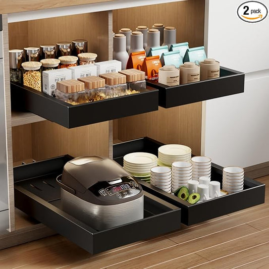 Mustorn 2 Pack Pull Out Cabinet Organizer,21.8" Deep Slide Out Drawer for Cabinets Adhesive Pull Out Drawers Heavy Duty Pull Out Shelves for Kitchen,Cupboard,Pantry,Bathroom-Black by MUSTORN