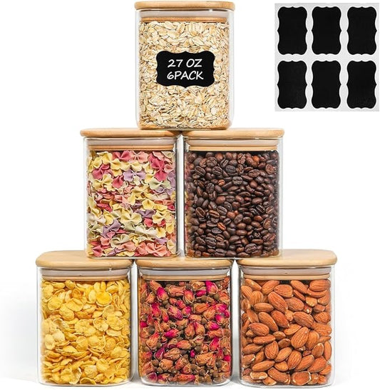 ComSaf Glass Jars with Bamboo Lids 0.8 Qt, Set Of 6 Pantry Galss Jars | Glass Storage Containers with Lid, Pantry Organizer and Storage, Lid with Silicone Seal, Pasta, Spice, Coffee, 27oz, BPA Free by ComSaf