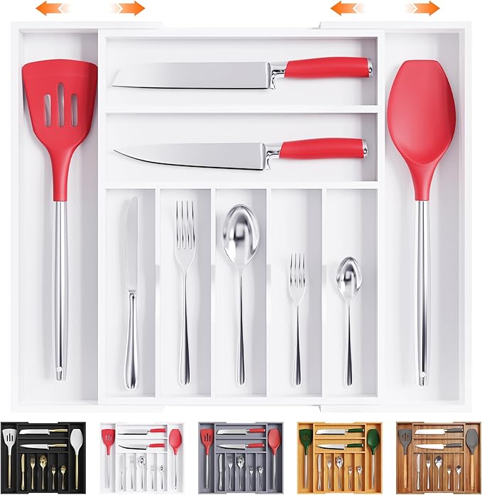Large Premium Bamboo Silverware Organizer - Expandable Utensil Drawer Organizer - 17"x19.6" Utensil Holder and Cutlery Tray with Grooved for Kitchen Flatware and Utensils(7-9 Slot, White) by Bellsal