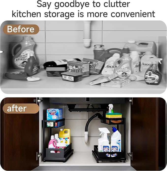 2 Pack Pull-Out Storage Basket Under Sink Organizers Under Sink Storage Racks For Kitchen Cabinet,Bathroom,Storage Box, Black - Image 2