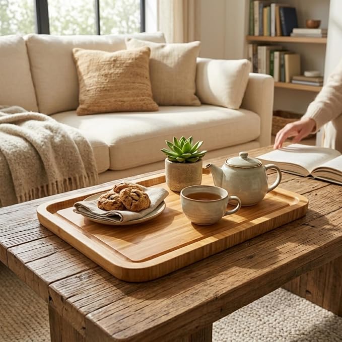 Bamber Large Size Bamboo Serving Tray, Rectangular, 15.5 x 11.8 x 0.8 Inches - Image 2