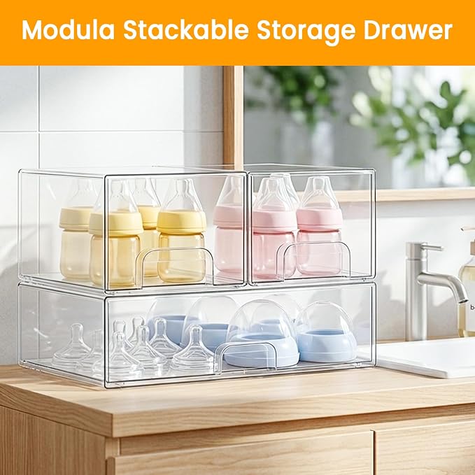 Bottle Storage Organizer Baby, Clear Stackable Storage Drawers Set for Baby Bottle, Beauty Supplies Storage, Ideal for Countertop, Vanity, Bathroom, Cabinet, Pantry Organization (7.9"H, 3 Pack) - Image 4
