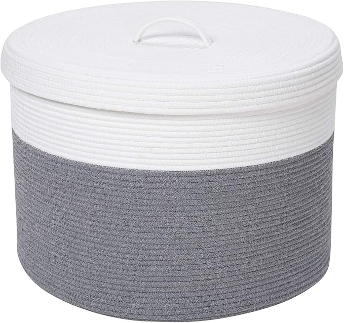 20x15 Inch Extra Large Round Cotton Rope Storage Basket with Lid, Decorative Woven Bin with Cover for Living Room Bedroom Closet, Grey by Cottonphant