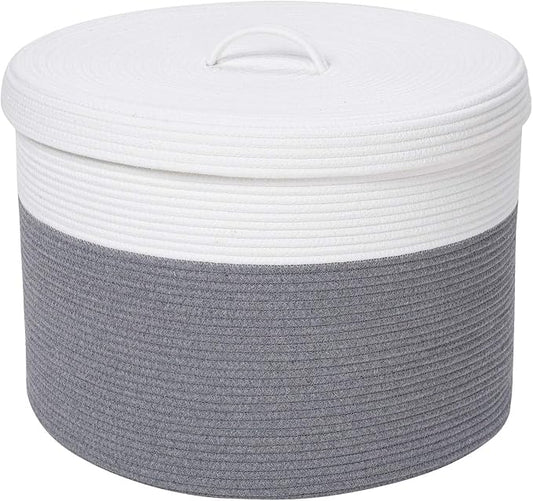 20x15 Inch Extra Large Round Cotton Rope Storage Basket with Lid, Decorative Woven Bin with Cover for Living Room Bedroom Closet, Grey by Cottonphant