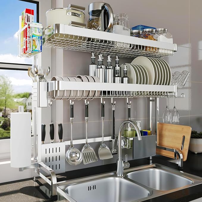 LIVOD Over The Sink Dish Drying Rack,3 Tier Adjustable Length Full Stainless Steel Large Storage Kitchen Dish Rack,for Kitchen Counter Expandable Multifunctional Organizers,Silver (25.5'' to 37.6'') by LIVOD