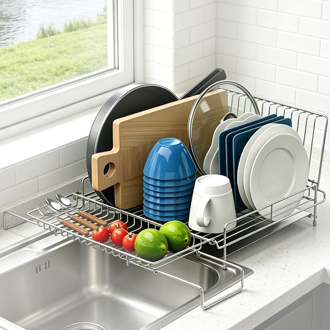 Dish Drying Rack Stainless Steel Expandable Large | Dish Drainer for Kitchen Counter with Stainless Drain Board Rustproof Collapsible Space Saving by chilinii