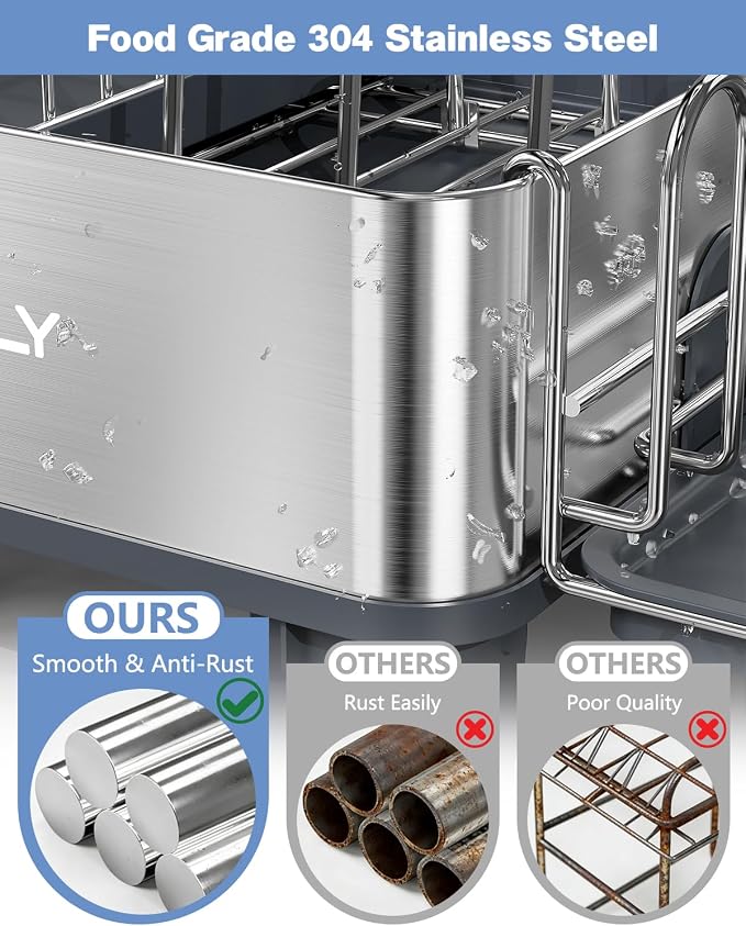 Dish Drying Rack, 304 Stainless Steel Expandable Dish Rack with Adjustable Drain Spout, Large Capacity Dish Drainer with Utensil Holder, Cup Holder and Cutting Board Rack for Kitchen Counter, Gray - Image 5
