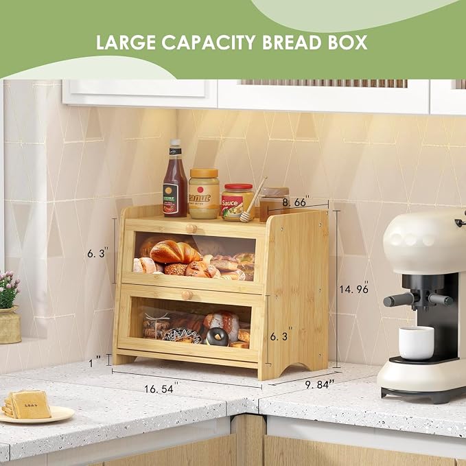 Double Layer Bread Box Container for Kitchen Countertop Homemade Bread | Large Breadbox Storage Wooden Farmhouse Bread Holder (Bamboo, Large-16.54" L x 9.84" W x 14.96" H) - Image 2