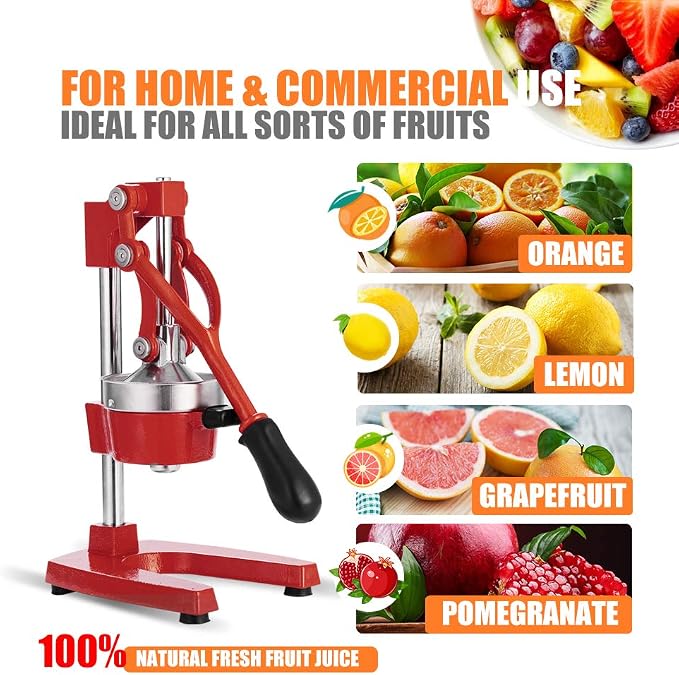 Commercial Heavy Duty Cast Iron Hand Press Manual Orange Citrus Lemon Lime Grapefruit Pomegranate Fruit Juice Squeezer Machine with Stainless Steel Cup Red - Image 4