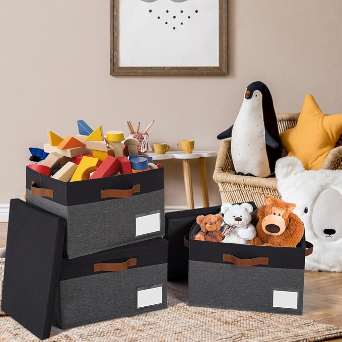 GhvyenntteS Fabric Storage Bins with Lids 3 Pack, Closet Storage Boxes with Lid and 3 Handles, Foldable Storage Baskets with Lids and Label Window for Home Office (Grey&Black, 15" x 11" x 9.7") - Image 2