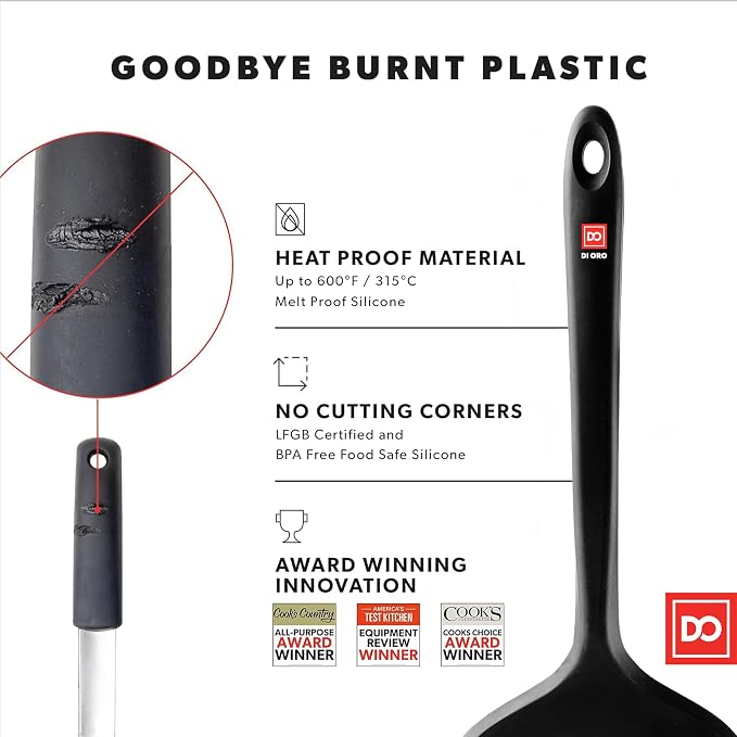 DI ORO Silicone Turner Spatula Set - Kitchen Spatulas for Nonstick Cookware - Cooking Utensils for Flipping Eggs & Pancakes - 600°F Heat-Resistant BPA Free Turners - Dishwasher Safe (4pc, Black) - Image 4