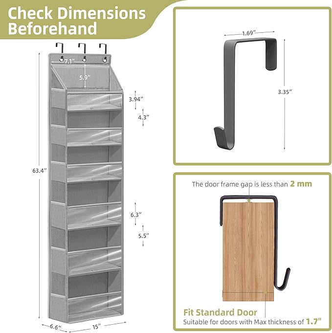 Over Door Organizer with 6 Extra Large Pockets 12 Side Pockets, Sturdy Closet Storage Rack, Hanging Storage Organizer with Clear Window for Shoes, Diapers, Bedroom, Bathroom, Grey - Image 2