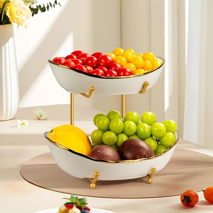 2 Tier Ceramic Fruit Bowl, Fruit Basket for Kitchen Counter, Tiered Fruit Rack for Countertop, Modern Multi Large Capacity Serving Holder for Party Dessert, Vegetable, Snack(Gold&White) - Image 3