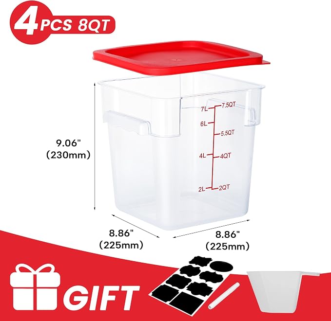 BIEAMA 4 Pack 8 Qt Square Food Storage Containers with Lids, NSF, Clear | Commercial polycarbonate containers with scale markings and handles; stackable for prep, brining, fermentation & bulk storage - Image 2