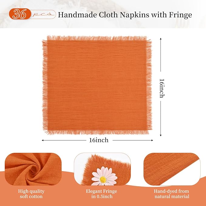 Orange Cotton Linen Napkins - 36 Pack, 16 x 16 Inch, Handmade With Fringe - Image 2