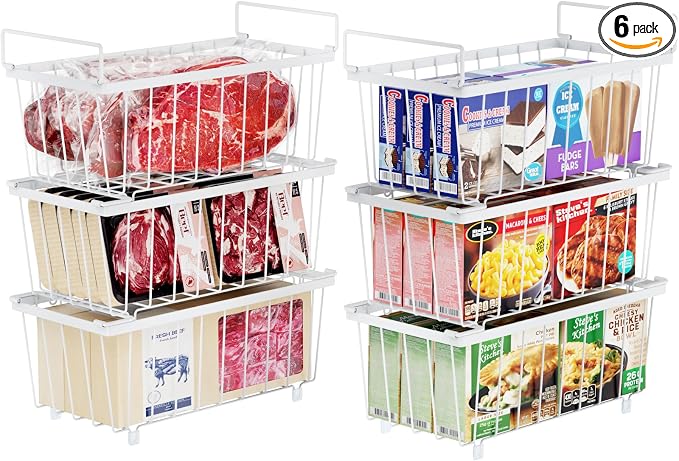 Chest Freezer Organizer Bins - Small Baskets for 7 Cu.Ft, 6 Pack | Easy Access Handles, Stackable Deep Freezer Wire Baskets, Vertical Space Sorts for Frozen Meat, Vegetable and Bagged Items by iSPECLE