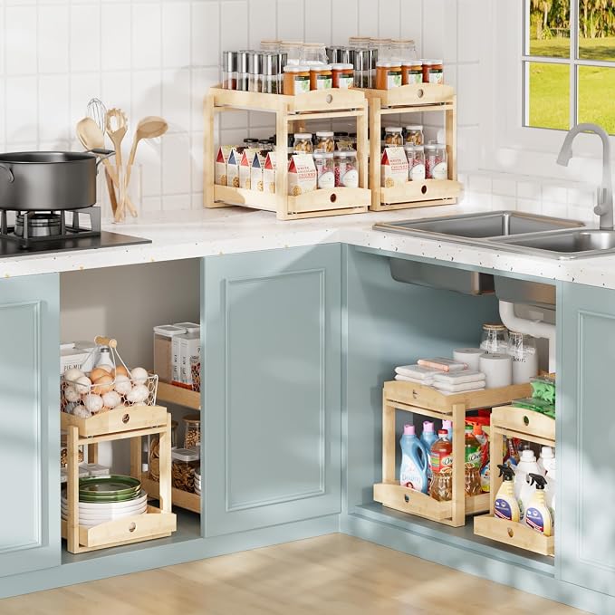 2 Pack Bamboo Under Sink Organizer, 2-Tier Sliding Drawers for Cabinets | Pull-out drawers keep cleaners and tall bottles visible, organized and easy to reach in kitchen or bathroom cabinets - Image 3