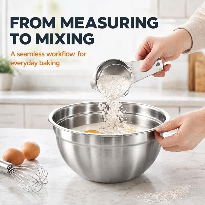 28PCS Mixing Bowls with Airtight Lids Set, Stainless Steel Nesting Prep Bowls with 7 Measuring Cups & 14 Measuring Spoons for Cooking, Baking, Serving, Food Storage, Size 5.5/3.5/2.5/2/1.4/1/0.62QT - Image 2
