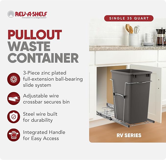 Rev-A-Shelf Single 35 Qt Pullout Trash Can for Base Kitchen Cabinets, Garbage Waste Bin System with Full Extension Slides, Min Opening Width of 11.5", Orion Gray, RV-12KD-13C-S - Image 2