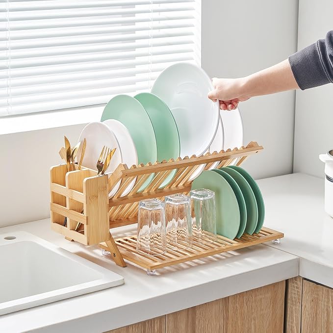 Bamboo Dish Drying Rack, 3 Tier Collapsible Wooden Dish Drainer Rack with Utensil Holder, Plate Rack for Kitchen Counter, Large Folding Drying Holder 51 pcs Grid - Image 3