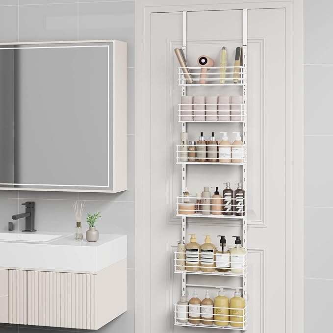 SWTYMIKI Over The Door Organizer - Door Organizer Hanging with 6 Adjustable Metal Large Capacity Basket, Wall Mounted Shelf for Bedroom Closet Bathroom Laundry Pantry Cabinet Kitchen(White) - Image 9