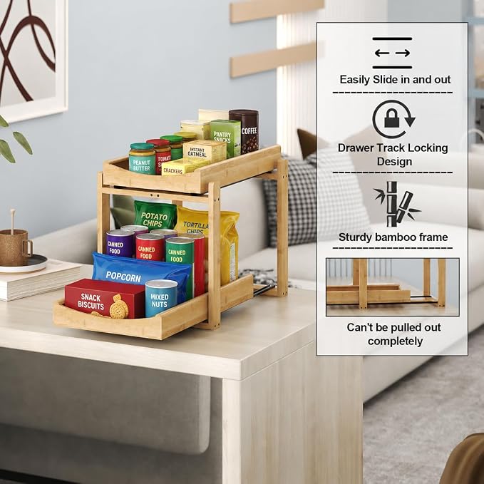 MHXW SXPN Bamboo Under Sink Organizer, 2 Pack Pull Out Cabinet Organizer | 2 Tier Vertical Smooth Slide Out Undersink Storage Shelf | Multi-Purpose Organizer Shelves for Kitchen Bathroom Medicine - Image 4