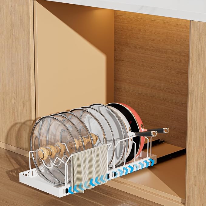 White Pull Out Pot Lid Organizer, Cabinet Pan Rack, 10 Dividers | 2-pack black carbon steel rack, 16 adjustable dividers, quiet slide rails, adhesive or screw mount for lids, pans, bakeware by WOSHEN