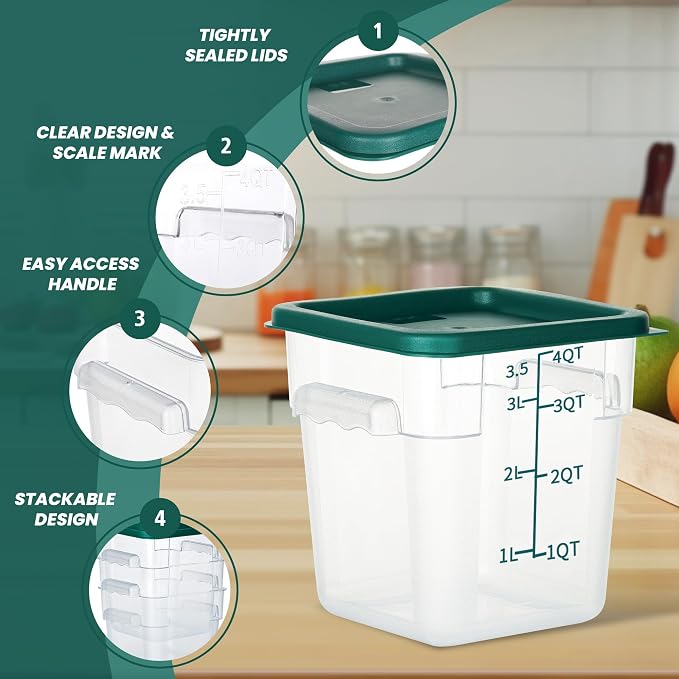 4 Pack 4QT Square Food Storage Containers with Lids | Clear NSF polycarbonate containers with scale, label and measuring cup, stackable for prep, storage, freezer. Dishwasher safe - Image 4
