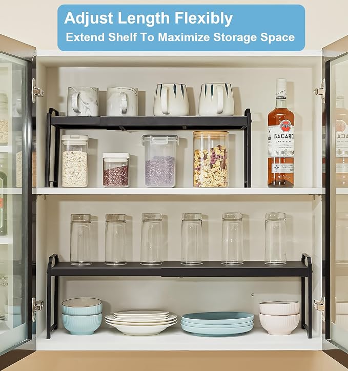 X-cosrack 25.5 Inches 3 Pack Expandable Cabinet Shelves, Stackable Shelf Organizer for Kitchen Cabinet Countertop Storage, Adjustable Counter Cupboard Pantry Organizer Shelf Rack Stand Riser, Black - Image 5