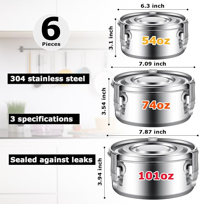 Zopeal 6- Piece Stainless Steel Food Storage Containers with Lids Leakproof Metal Lunch Boxes Stackable Reusable Canisters for Camping Trips Picnic Snacks Salad Soups, 3 Sizes(54oz, 74oz, 101oz) - Image 2
