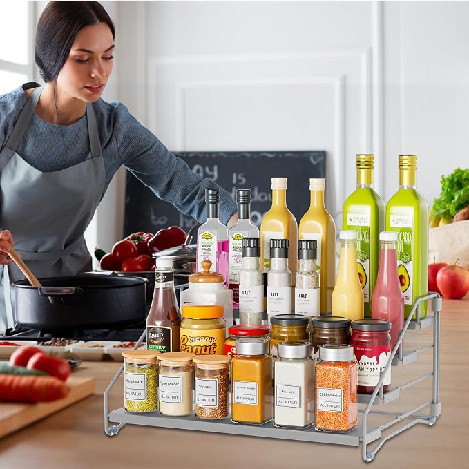 2 Pack Spice Rack Organizer for Cabinet, Depth Adjustable 4 Tier Spice Rack | Silver, Metal Spice Organization for Cabinet, Easy Visibility, Tiered Spice Rack Perfect for Cabinet, Pantry and Countertop - Image 8