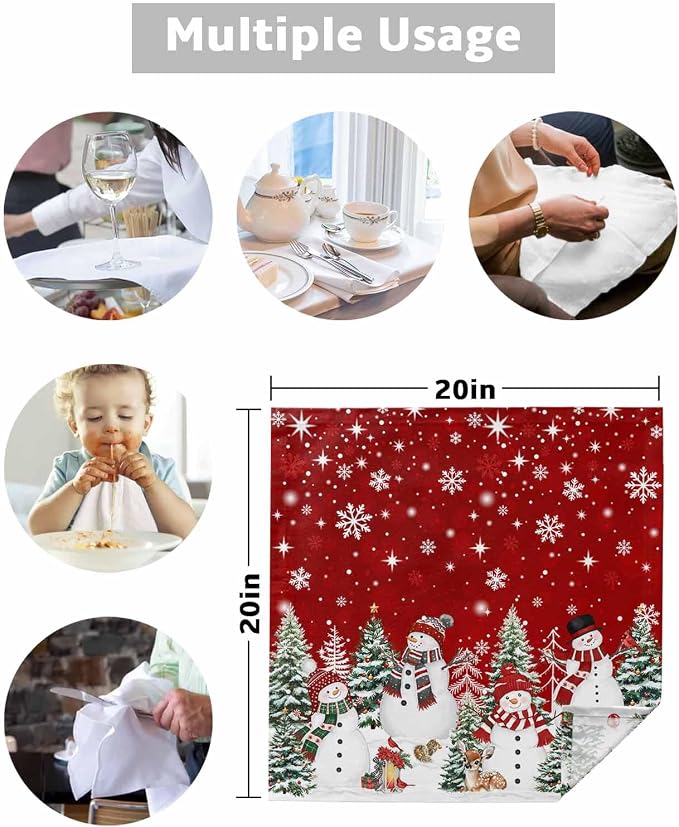 Red Christmas Snowman Dinner Cloth Napkins Set of 8, Xmas Trees Snowflake Snow Washable Cocktail Cloth Napkins, Winter Holiday Reusable Table Napkins for Wedding Holiday Party, 20 x 20 Inch - Image 7