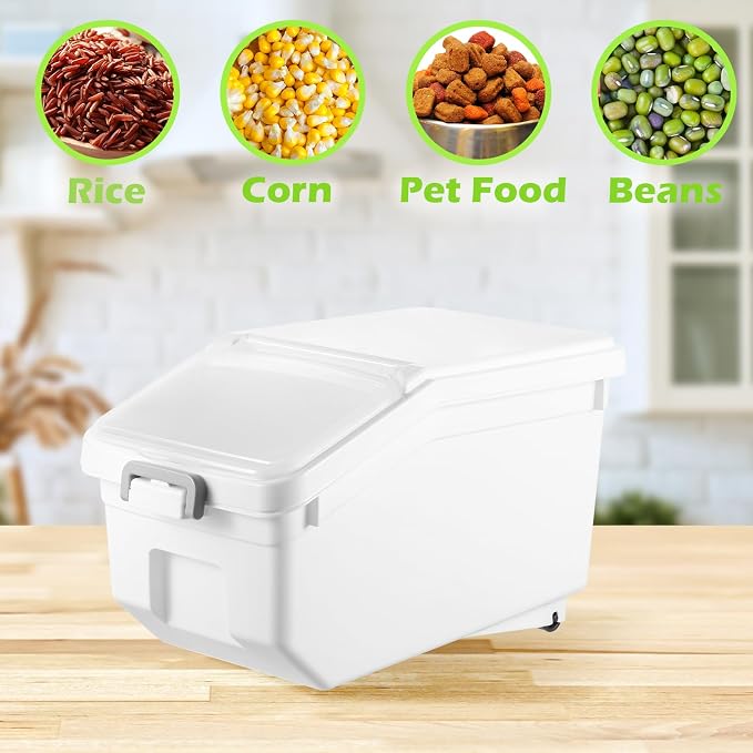 4 Pcs Rice Storage Containers Bulk Flour Sugar Container Wheels Measuring Cups Set Airtight Pet Dog Cat Birds Food Bin Grain Cereal Organizer Box for Dry Baking(White,22 lb) - Image 5